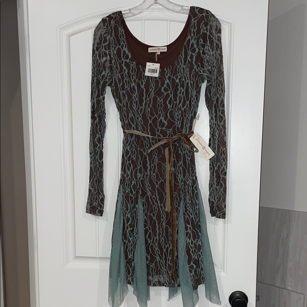 Altar'd State Brown and Aqua Lace Long Sleeve Dress